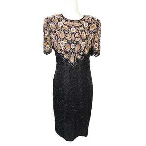 Vintage 80s Laurence Kazar black and gold silk sequin beaded cocktail dress M